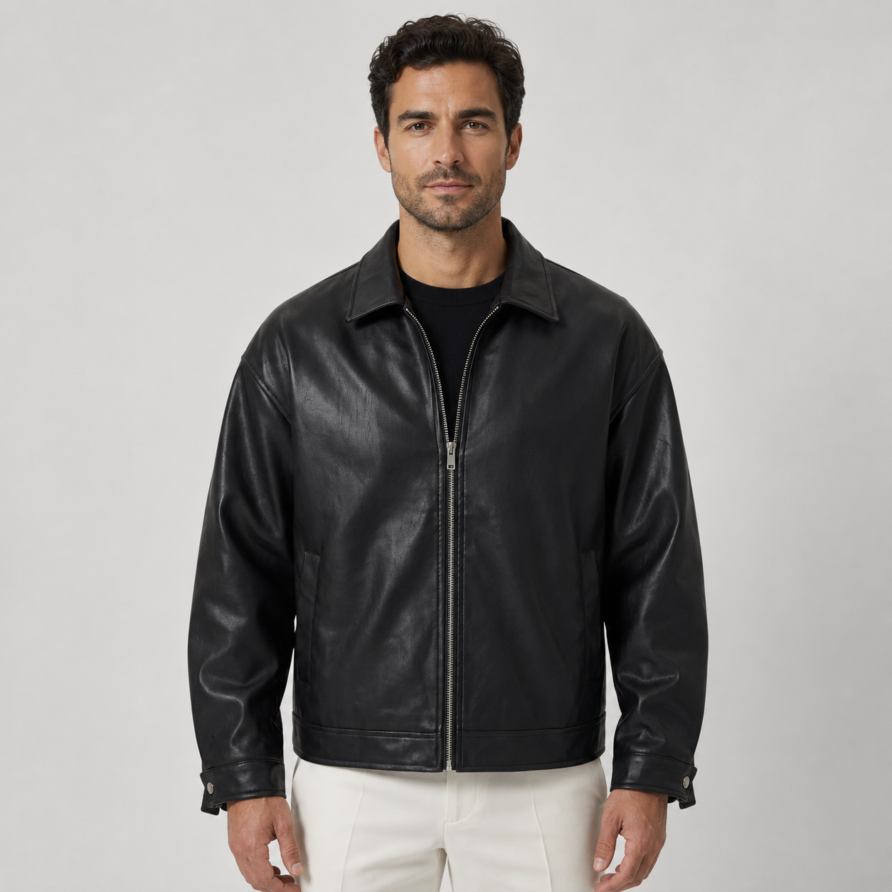 Men's Leather Zip Up Collared Jacket