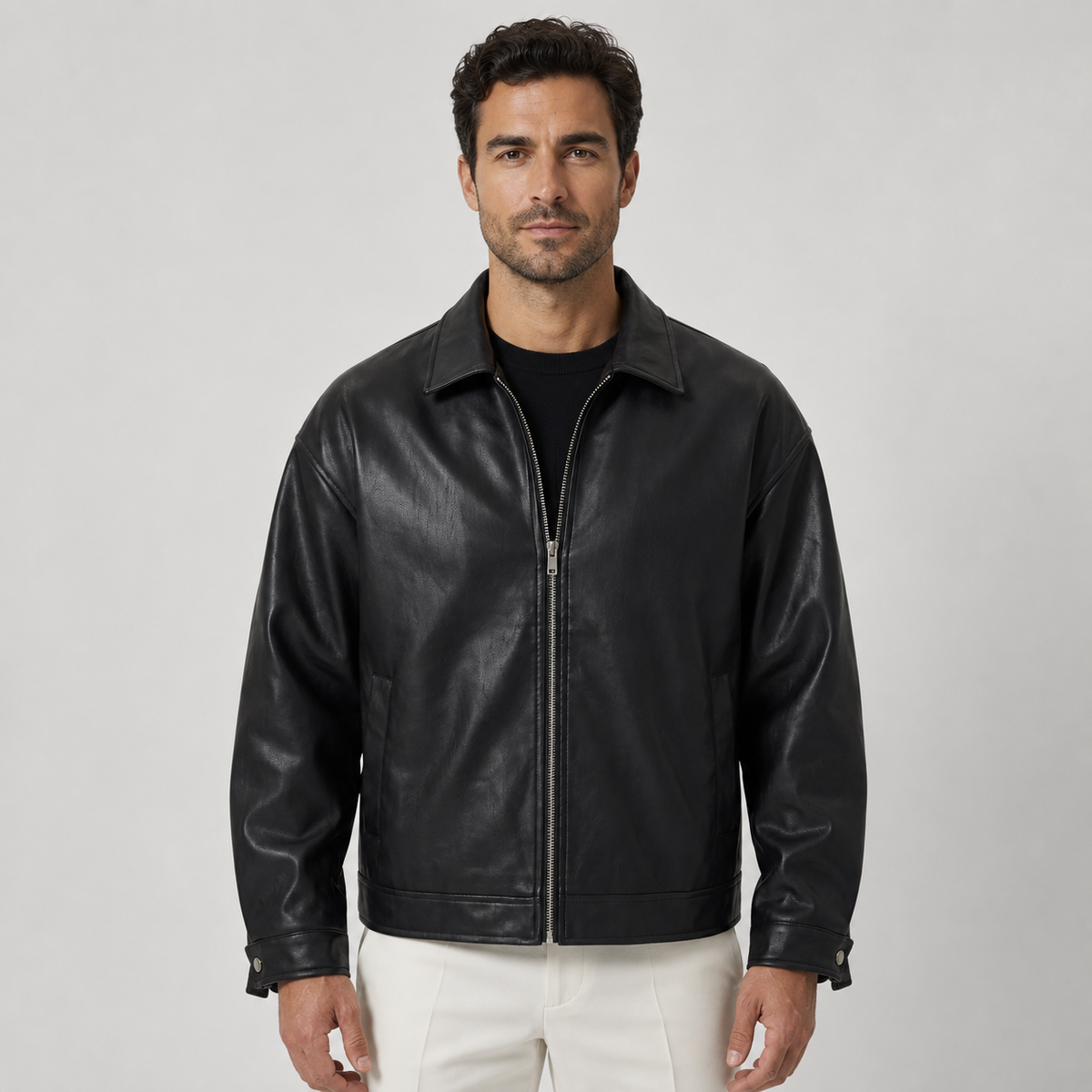 Men's Leather Zip Up Collared Jacket