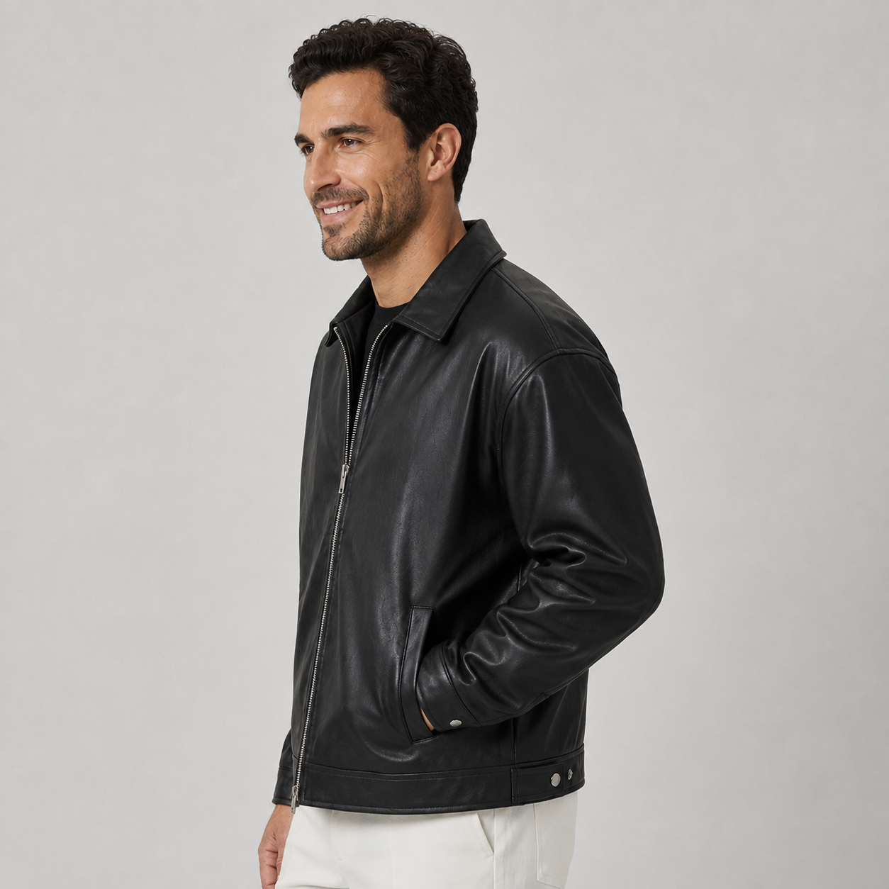 Men's Leather Zip Up Collared Jacket