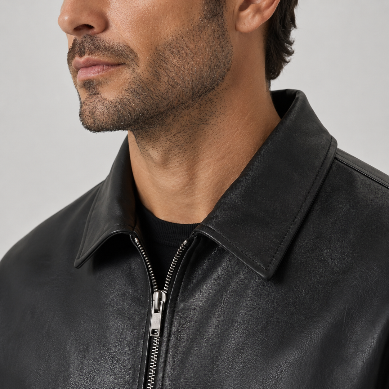 Men's Leather Zip Up Collared Jacket