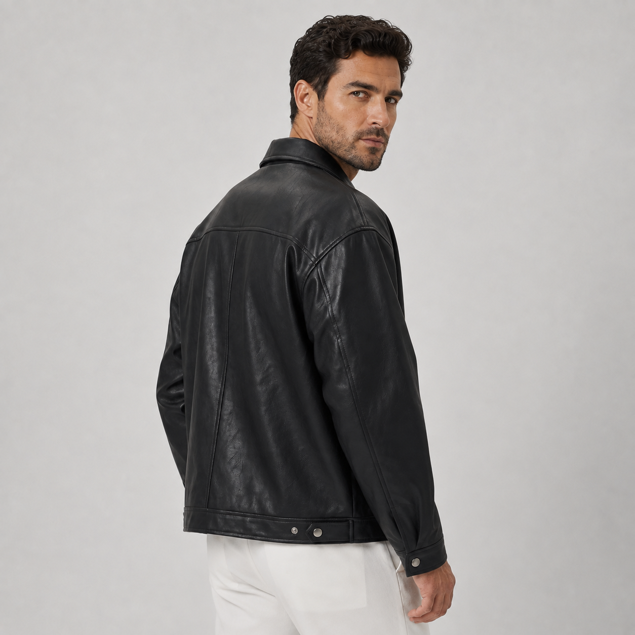 Men's Leather Zip Up Collared Jacket