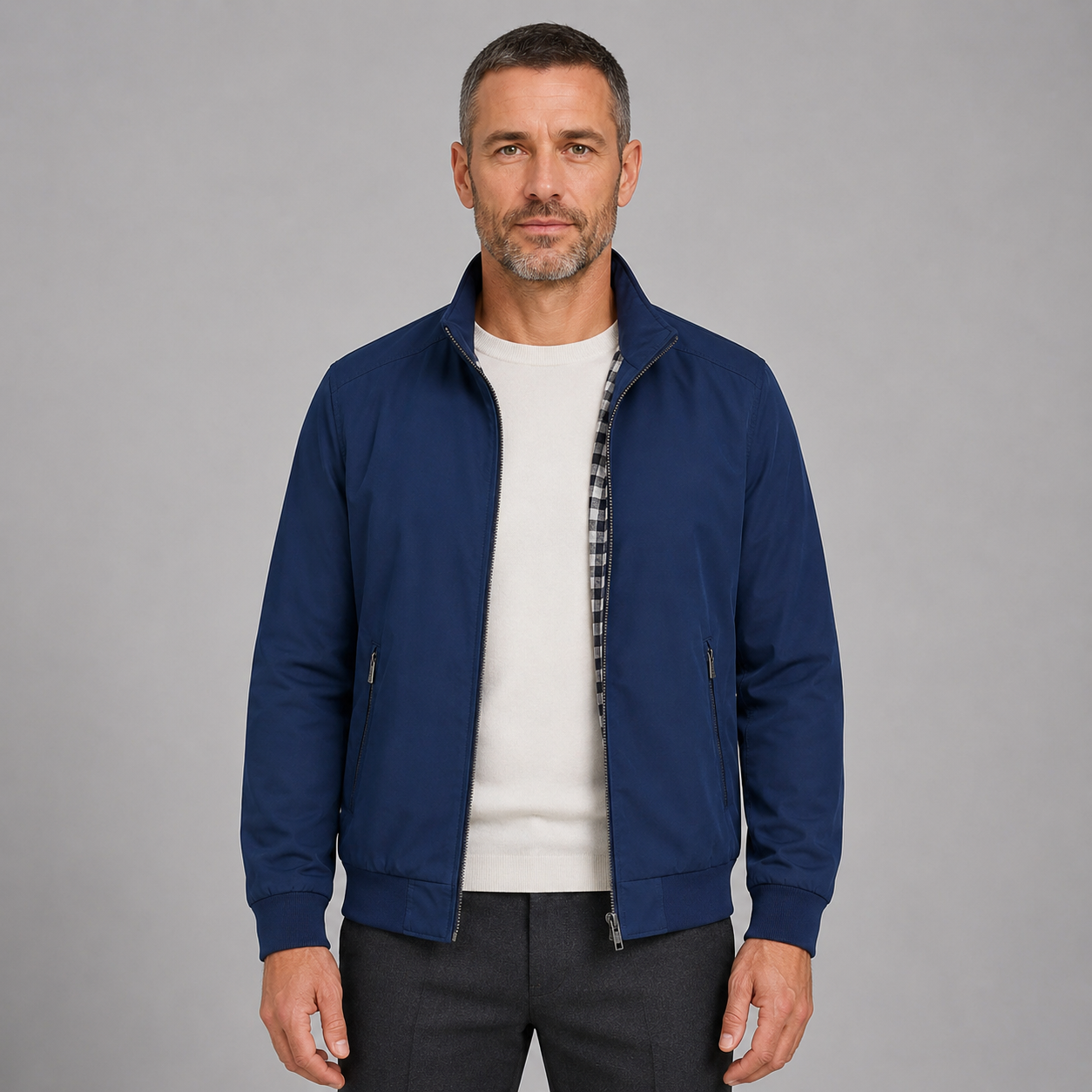 Men's Slim-Fit Zip-Up Bomber Jacket with Stand Collar
