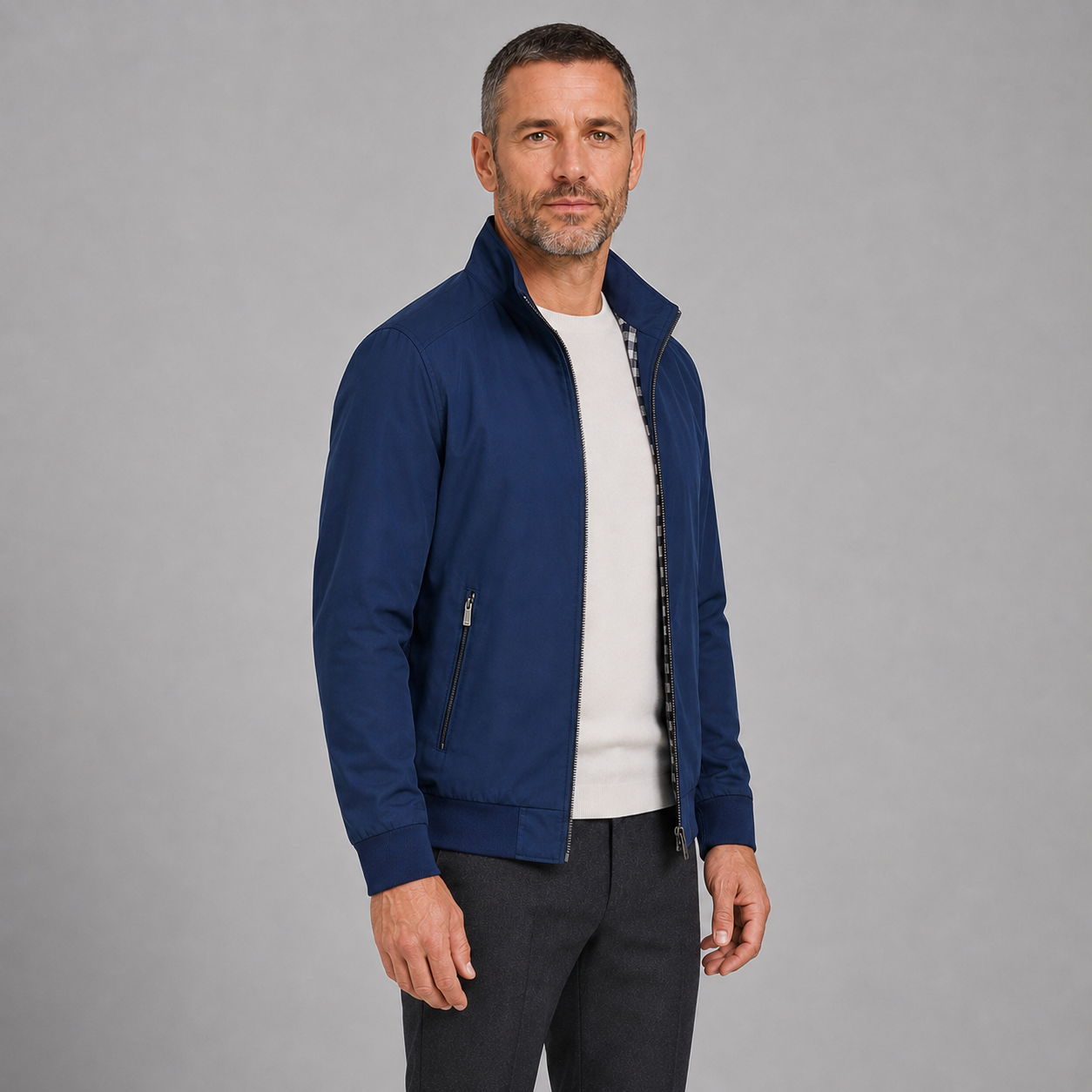 Men's Slim-Fit Zip-Up Bomber Jacket with Stand Collar