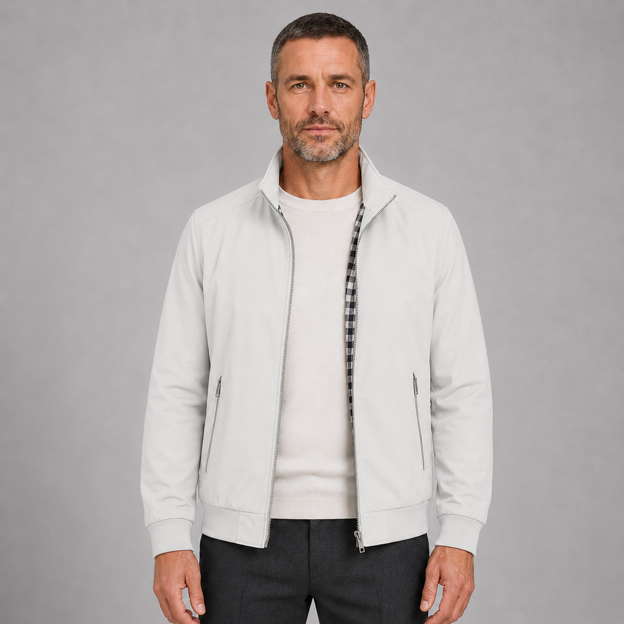 Men's Slim-Fit Zip-Up Bomber Jacket with Stand Collar