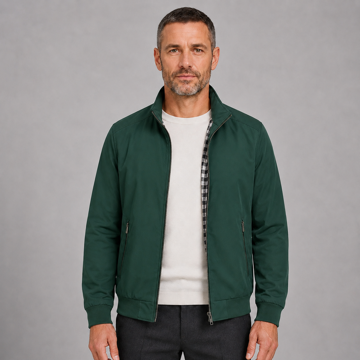 Men's Slim-Fit Zip-Up Bomber Jacket with Stand Collar