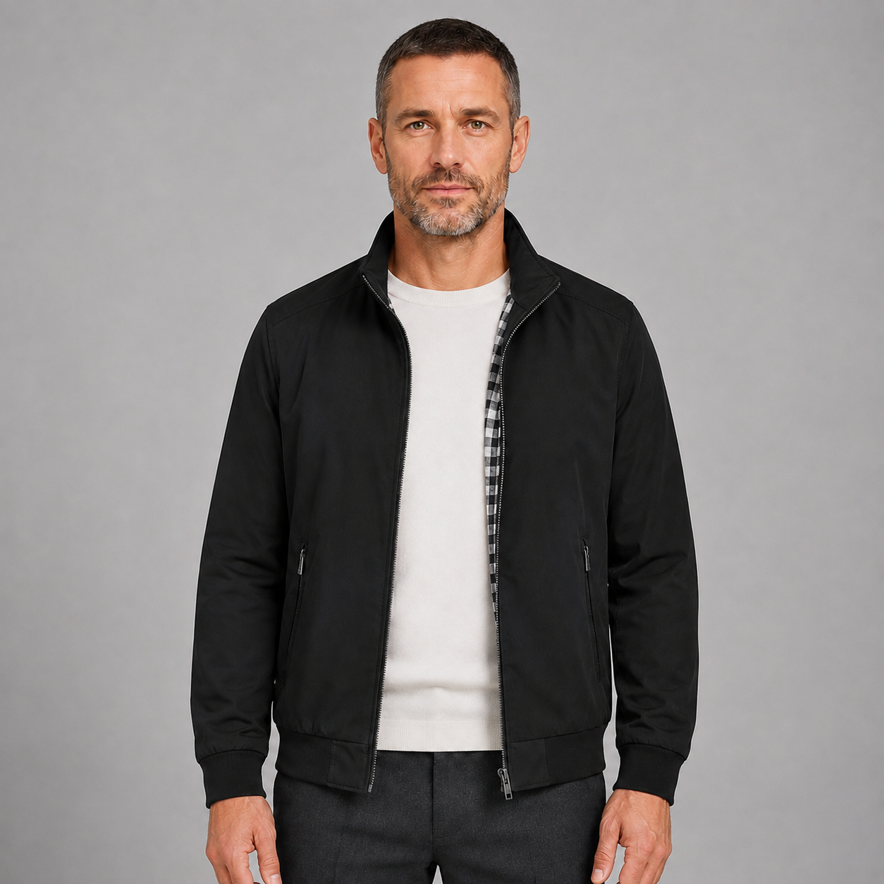 Men's Slim-Fit Zip-Up Bomber Jacket with Stand Collar