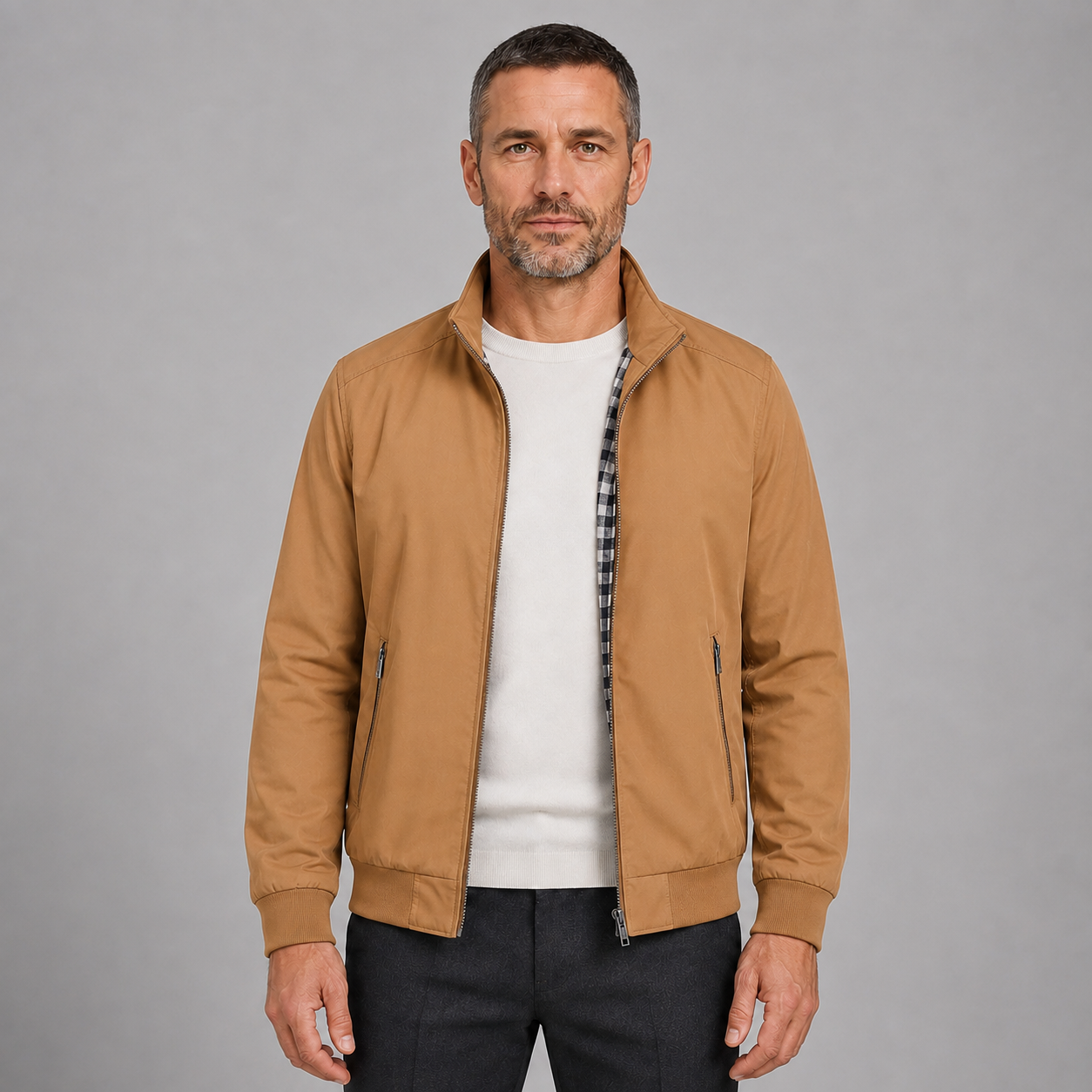 Men's Slim-Fit Zip-Up Bomber Jacket with Stand Collar