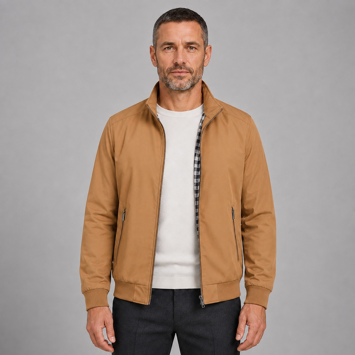 Men's Slim-Fit Zip-Up Bomber Jacket with Stand Collar