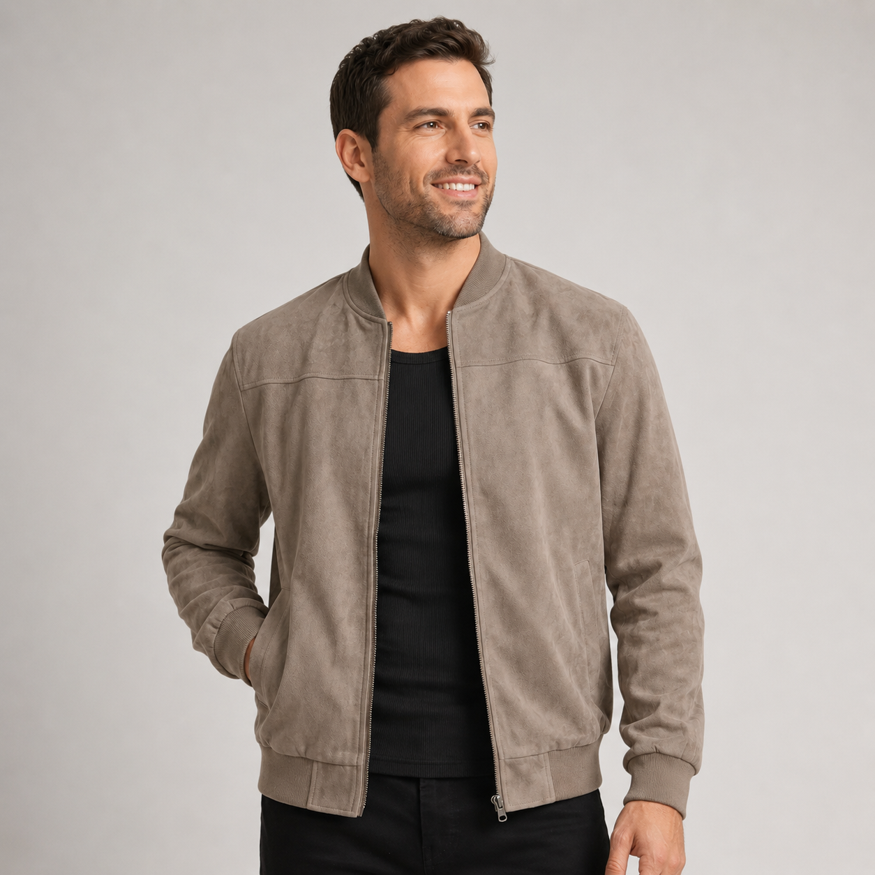 Men's Suede Zip-Up Bomber Jacket with Ribbed Cuffs
