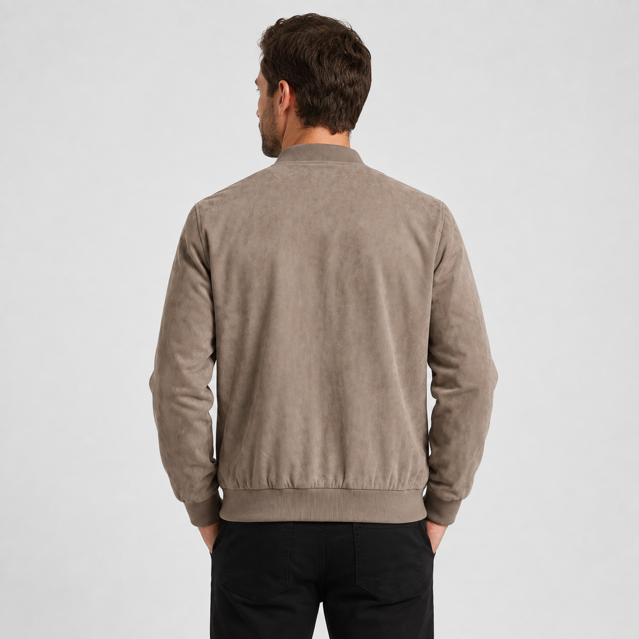 Men's Suede Zip-Up Bomber Jacket with Ribbed Cuffs