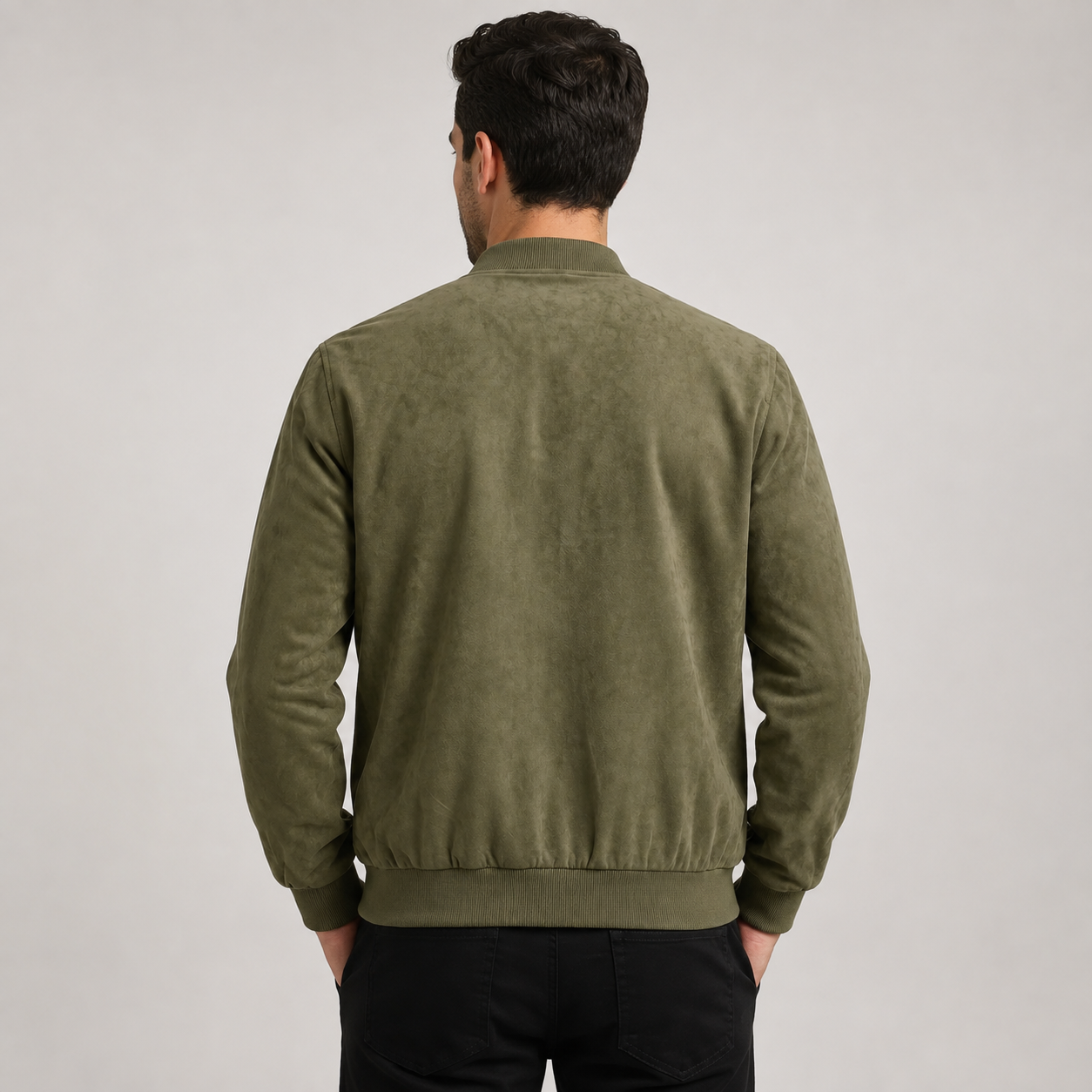 Men's Suede Zip-Up Bomber Jacket with Ribbed Cuffs