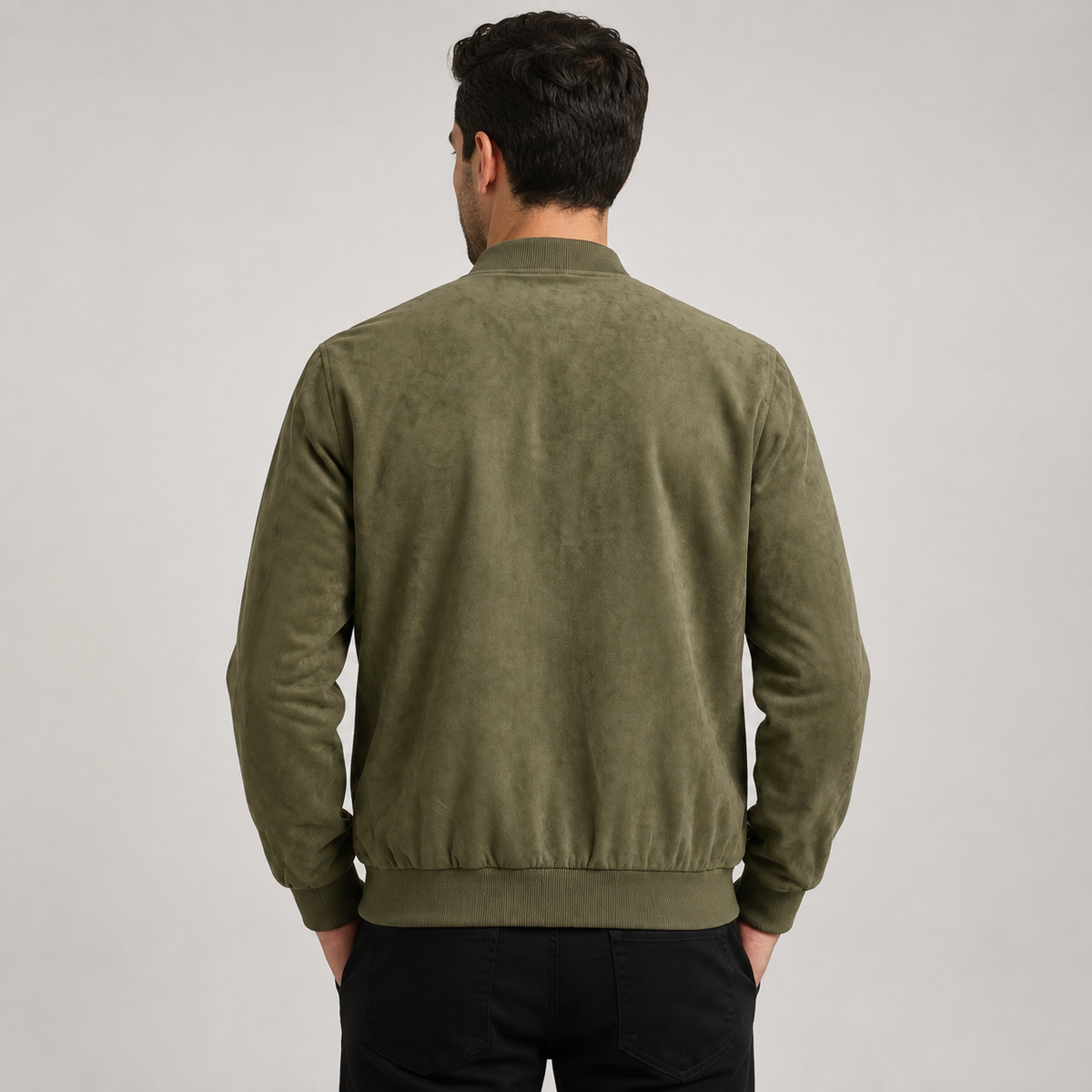 Men's Suede Zip-Up Bomber Jacket with Ribbed Cuffs