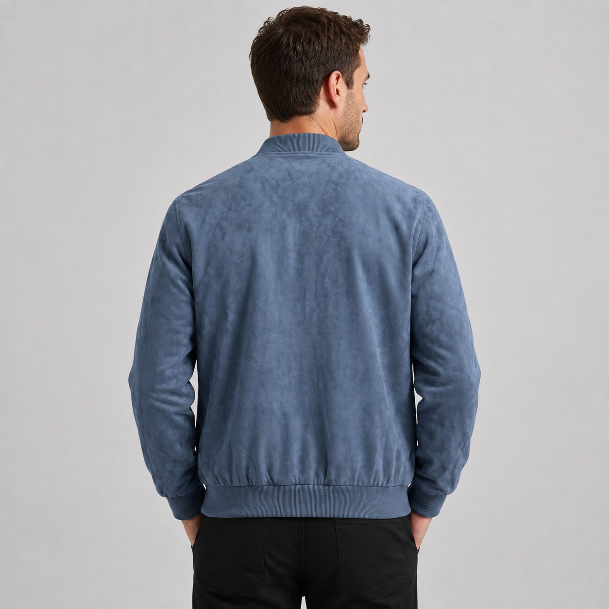 Men's Suede Zip-Up Bomber Jacket with Ribbed Cuffs