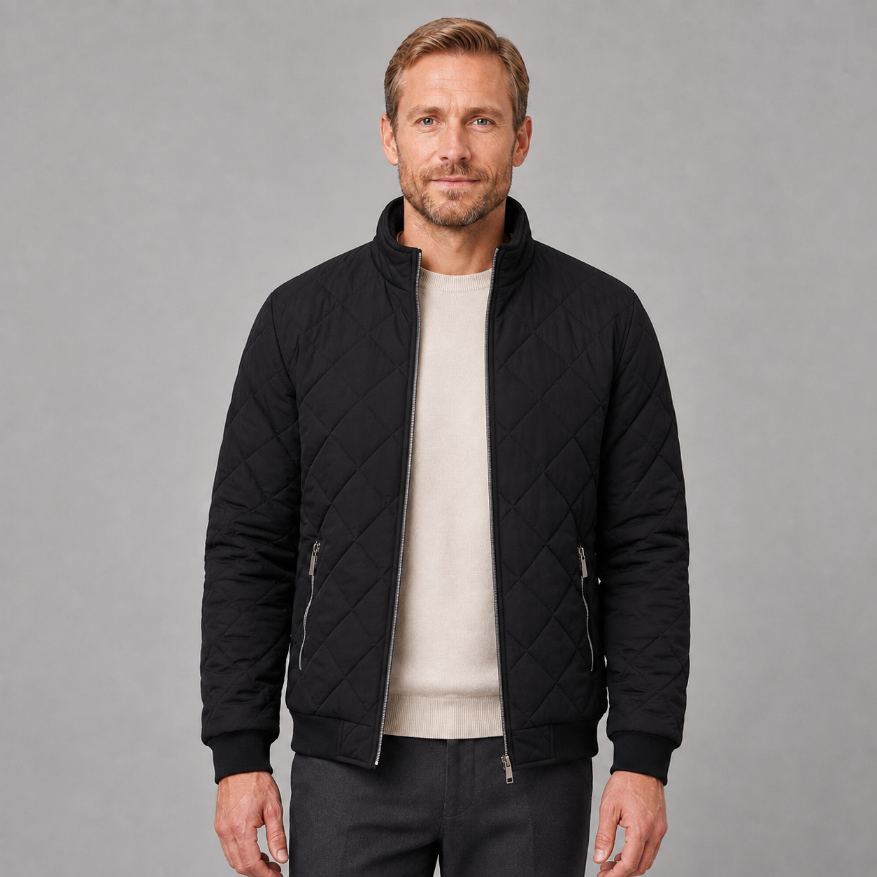Men's Zip-Up Diamond Quilted Stand Collar Jacket