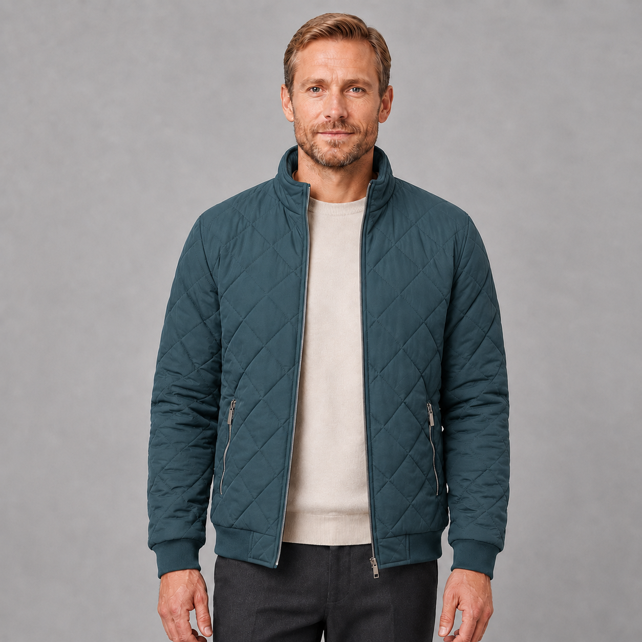 Men's Zip-Up Diamond Quilted Stand Collar Jacket